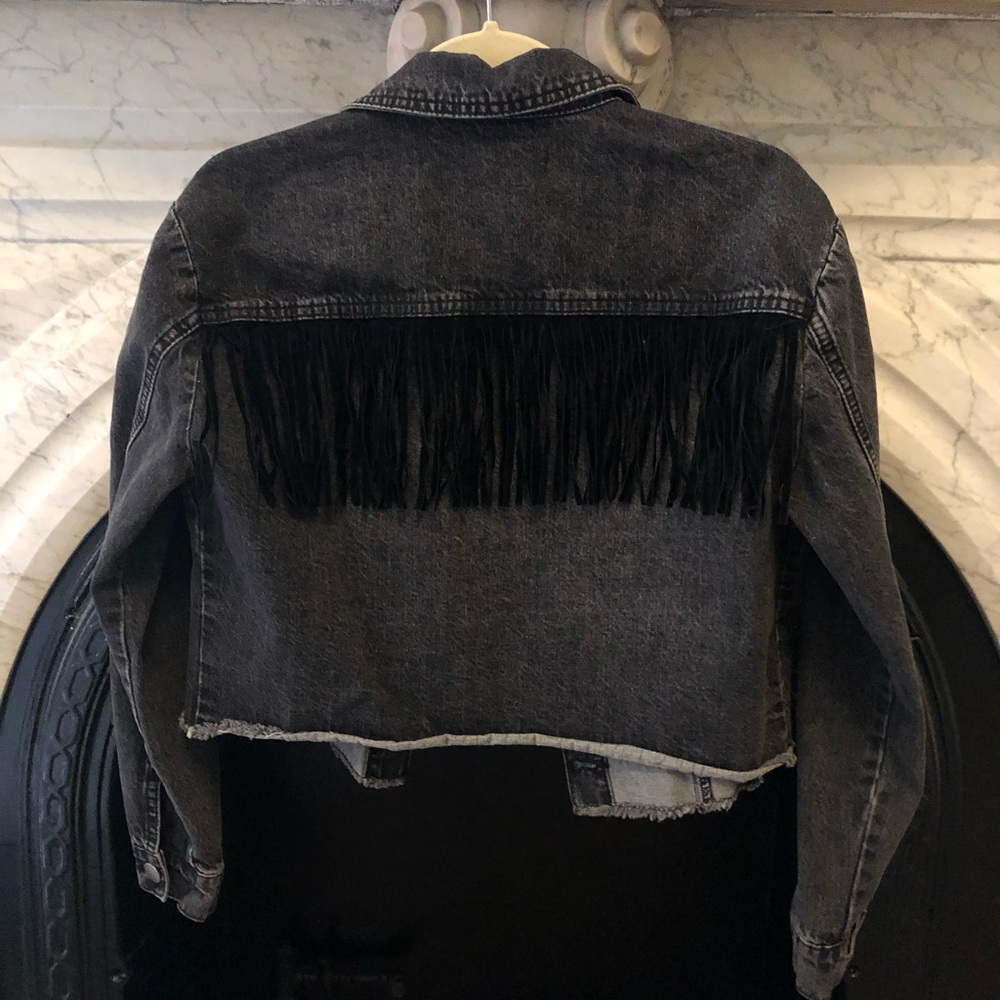 Ashley mason black jean jacket with fringe